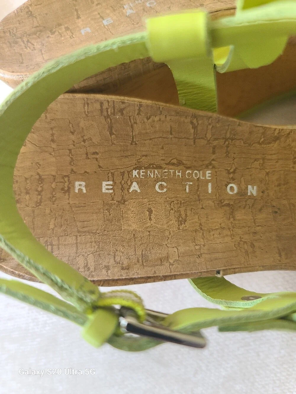 Kenneth COLE Reaction Women’s Lime Green Leather Cork Wedge Sandals